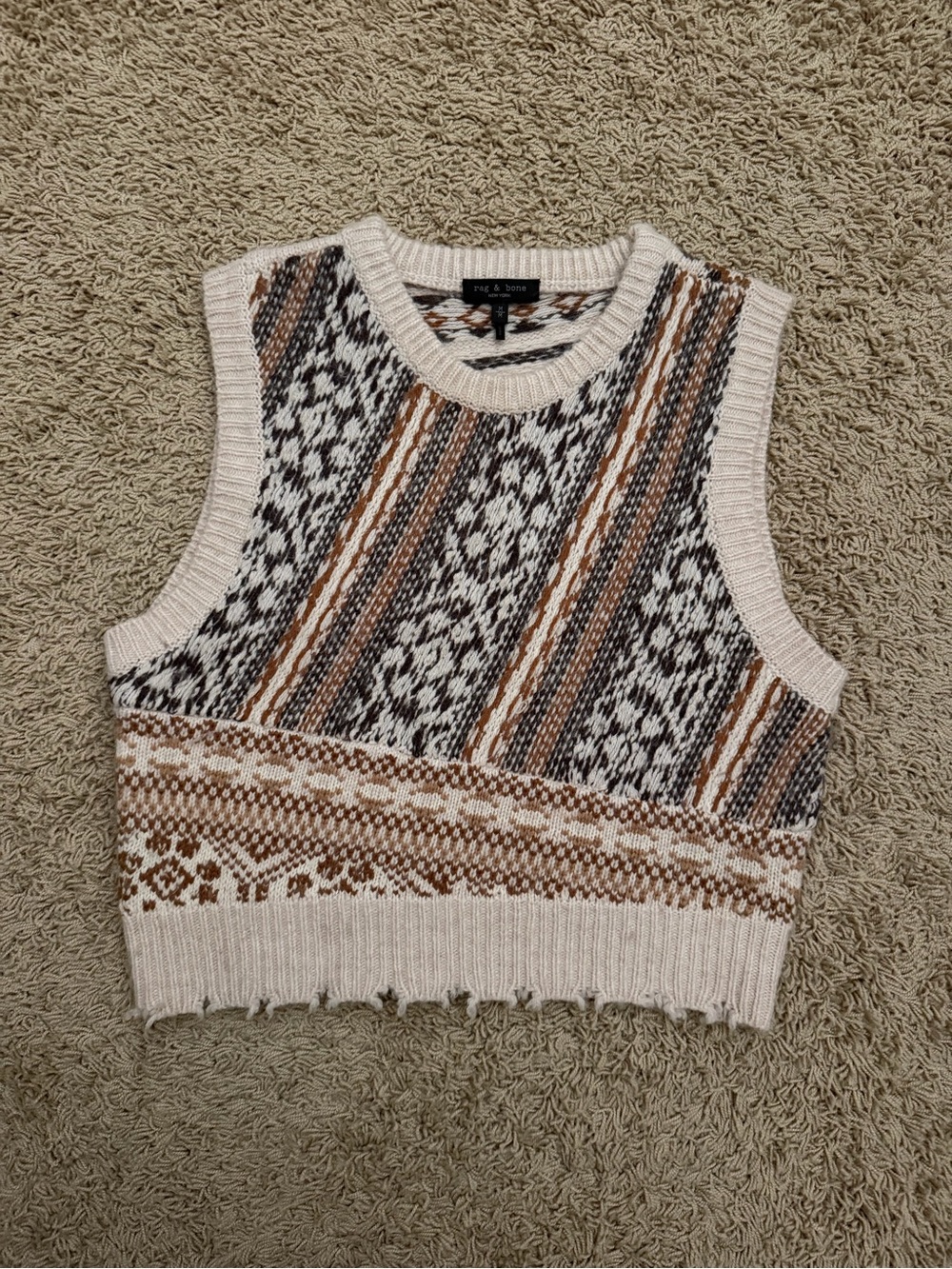 Rag & Bone Women's Ivory Brown Fair Isle Wool Alpaca Blend Sweater Vest Size M